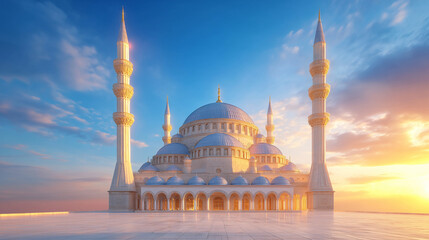Obraz premium Ultra-Realistic Ottoman-Style Grand Mosque at Golden Sunrise, Symmetrical Wide-Angle Exterior with Minarets and Blue Domes