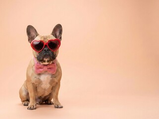 Cute French Bulldog Dog Wearing Red Heart Shaped Sunglasses and Pink Bow Tie on Pastel Background with Copy Space