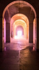 Fototapeta premium Arched corridor leads to bright light, colored with purple and gold hues