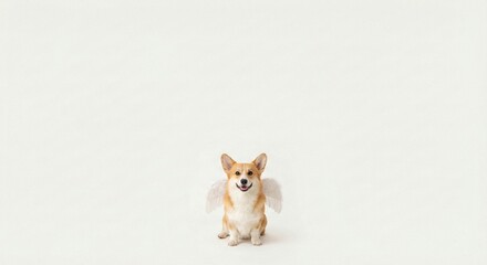 Cute Pembroke Welsh Corgi Dog Wearing White Angel Wings on Minimalist Background with Copy Space