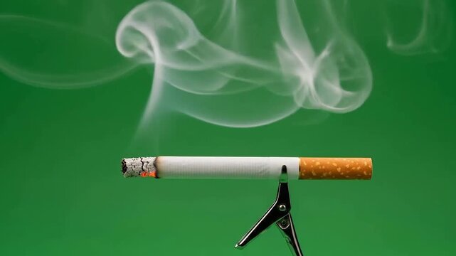 Burning cigarette with smoke, held by a l clip against a green background.