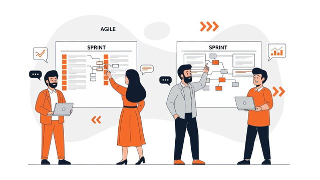 Agile development team planning sprint tasks on whiteboard, collaboration concept