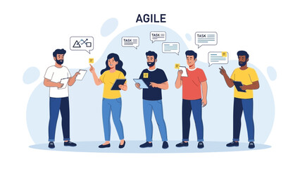 Obraz premium Agile methodology team meeting, brainstorming, planning, tasks, collaboration