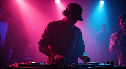 Dj in a black hat and a black cap playing a song