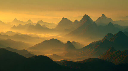 Golden Hour Mountainscape: Serene Vista of Jagged Peaks and Misty Valleys Bathed in Warm Light, Ideal for Travel, Nature, and Inspirational Themes. Captivating Landscape Image