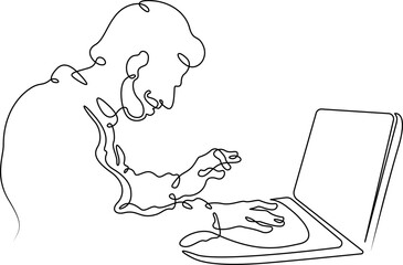 Continuous single line drawing A young man at a laptop. A programmer works online at a laptop.  Linear.One continuous line isolated minimalist illustration. Not AI.