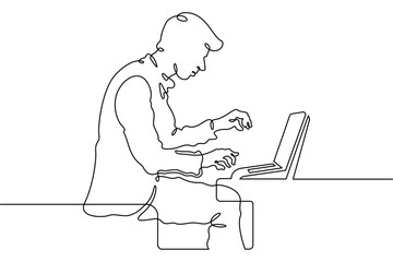 Continuous single line drawing A young man at a laptop. A programmer works online at a laptop.  Linear.One continuous line isolated minimalist illustration. Not AI.