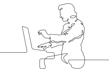 Continuous single line drawing A young man at a laptop. A programmer works online at a laptop.  Linear.One continuous line isolated minimalist illustration. Not AI.