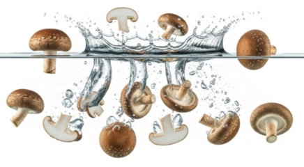 Assortment of fresh brown shiitake mushrooms splashing dramatically into clear water creating dynamic ripples and airborne droplets ingredient food cooking fungus vegetable transparent background