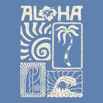 aloha illustration sunshine graphic palm tree design surfboard badge waves vintage summer