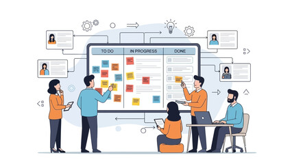 Agile team working on Kanban board, project management and teamwork illustration
