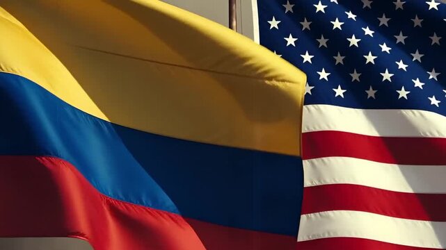 flags of colombia and the usa waving together against a background of thick smoke and fire representing complex political relations or common challenges and crises between nations