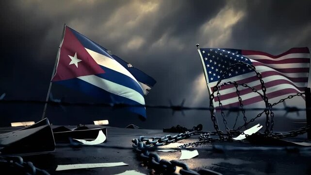 torn flag of cuba and the usa flag behind barbed wire against a stormy sky with chains and scattered papers symbolizing embargo and complex political relations