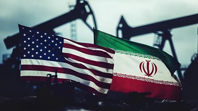 flags of the usa and iran against the backdrop of operating oil pump jacks at twilight visualizing the impact of oil production on international politics and economy