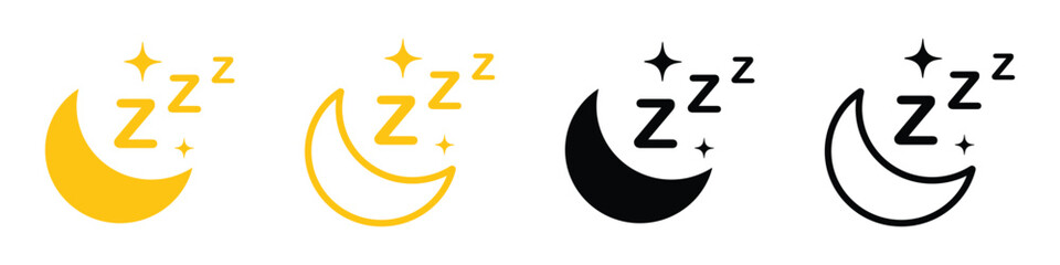 Moon and sleep icon set featuring rest and ZZZ symbols. Nighttime and bedtime signs with dream concept elements. Minimal vector illustration in black and yellow colors. © Tahmina