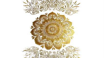 Golden floral mandala design with intricate patterns on white background for decoration