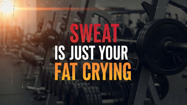 Dark gym background with weights and the text Sweat is just your fat crying