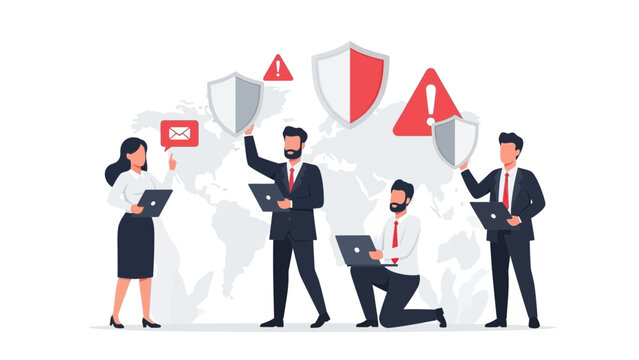 Business Cyber Security Team Protecting Data with Shields and Laptops