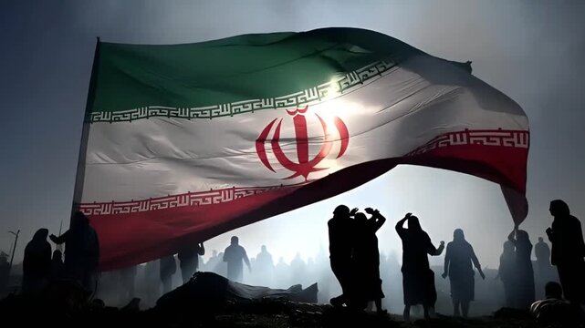huge flag of iran waving against bright sun in misty sky with silhouettes of people raising hands in unity or protest