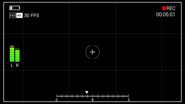 Camera DSLR Viewfinder HUD Square Recording Overlay Alpha Channel White Full Frame Grid Crosshair Audio Meter Gyro Level Rec Timer HD 4K Transparent Background