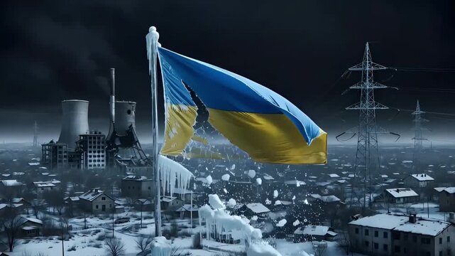 torn and icy flag of ukraine waving against snowy ruined city with smoking factories depicting harsh winter and war conflict