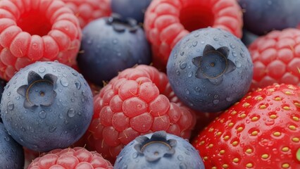 Close up of fresh berries raspberries blueberries and strawberries showing vibrant colors and textures