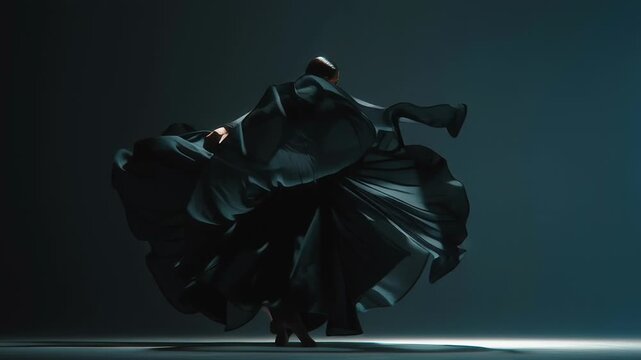 Cinematic artistic dance performance expressing deep emotion, abstract sense of movement and feeling, powerful posture and flowing lines, controlled lighting and shadow, realistic cinematic detail