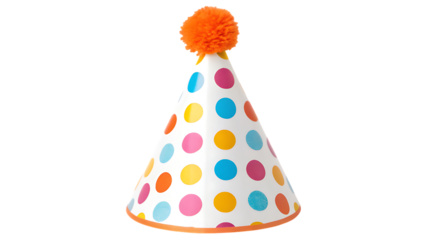 Colorful party hat with polka dots and orange pompom isolated on transparent background