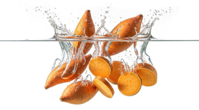 Fresh orange sweet potatoes whole and sliced splashing into clear water creating dynamic ripples and water droplets during submersion yam vegetable root tuber liquid transparent background