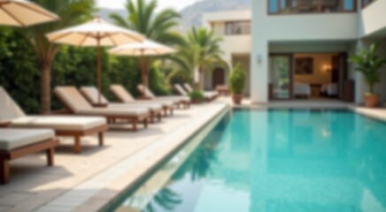 Many lounge chairs and umbrellas by the pool blurred background  travel concept