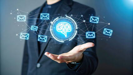 A businessman holding a glowing brain with email icons and network connections floating above his hand