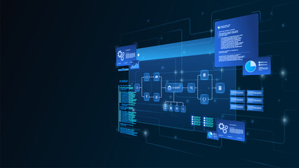 AI workflow automation artificial intelligence. ai agent network diagram dashboard machine learning architecture data pipelines, coding panels, analytics panels and automation system.