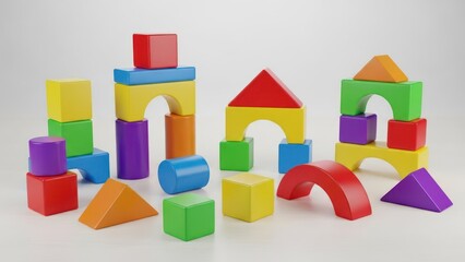 Naklejka premium Colorful wooden building blocks arranged on a white surface