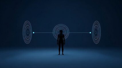 A minimalist abstract image of a human silhouette centered between expanding circular sound waves on a dark blue background