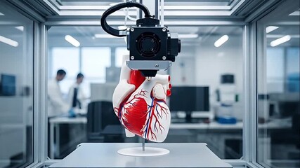 3 D printed anatomical heart model being created inside a tech laboratory with scientists working
