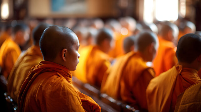 Serene Assembly: A Line of Buddhist Monks in Quiet Contemplation, Wrapped in Vibrant Orange Robes, Immersed in Silent Reflection at a Sacred Temple Setting