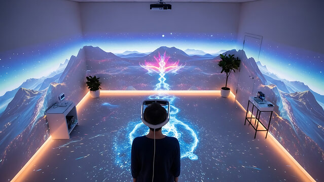 Person wearing VR headset, standing in a room with panoramic projections of mountains and glowing energy stream, virtual reality experience