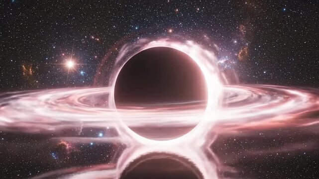 Cosmic black hole with glowing accretion disk, reflecting in a space mirror.