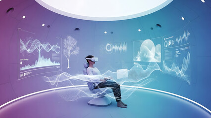 Person wearing vr headset sitting in modern chair interacting with abstract holographic data interfaces in circular futuristic technology room environment