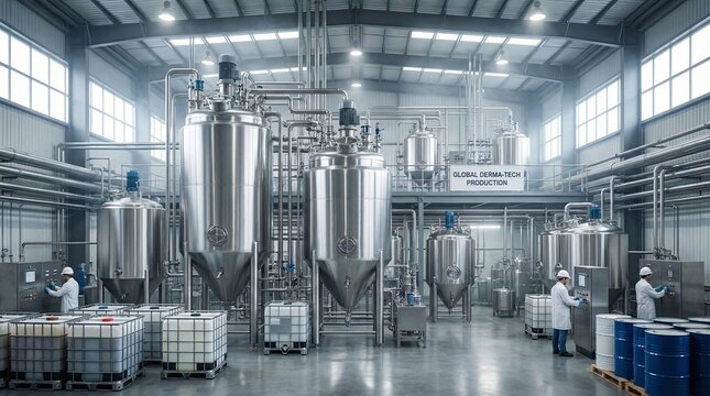 Modern industrial facility with stainless steel tanks pipes and workers operating machinery
