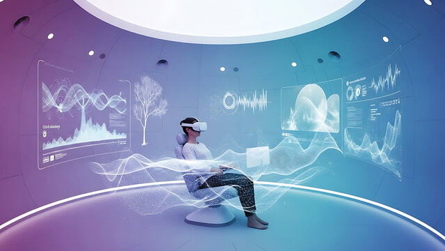Person wearing vr headset sitting in modern chair interacting with abstract holographic data interfaces in circular futuristic technology room environment