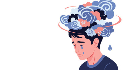 Conceptual illustration of a sad man with a head full of swirling dark clouds representing depression, anxiety, or mental health struggles. © Shobuj
