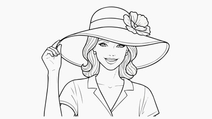 Children's coloring book - A woman in a wide-brimmed hat smiles, holding the brim of the hat.