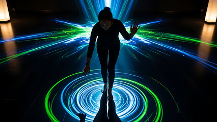 Person standing on interactive floor with swirling digital light patterns in dark room during futuristic experience