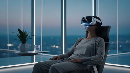 Woman relaxing in comfortable chair wearing virtual reality headset against panoramic window view