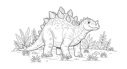 Detailed black and white line art of a prehistoric dinosaur standing in a field with plants for a children coloring book page. © Shobuj