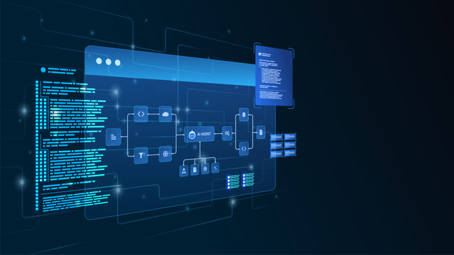 AI workflow automation artificial intelligence. ai agent network diagram dashboard machine learning architecture data processing system, coding, analytics panels and automation system.