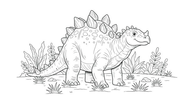 Detailed black and white line art of a prehistoric dinosaur standing in a field with plants for a children coloring book page.