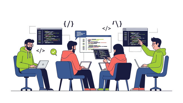 Teamwork in software development, coding collaboration, remote work, programming illustration