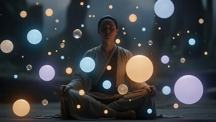 Person meditating amidst glowing ethereal orbs and floating light particles in tranquil dark setting